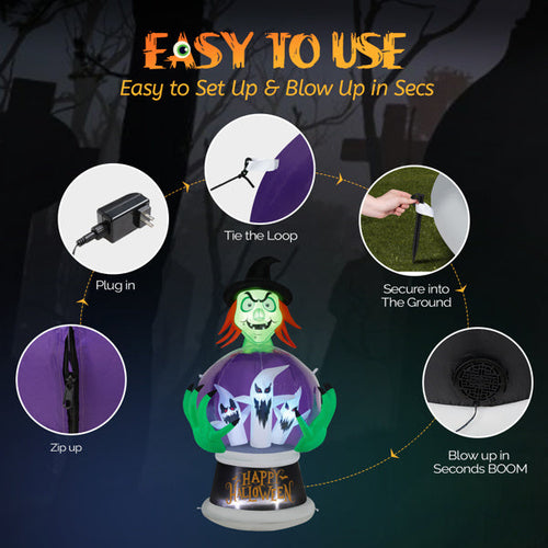Witch Crystal Ball With 3 LED Lights And 3 RGB Lights, Halloween Inflatable Lawn Art
