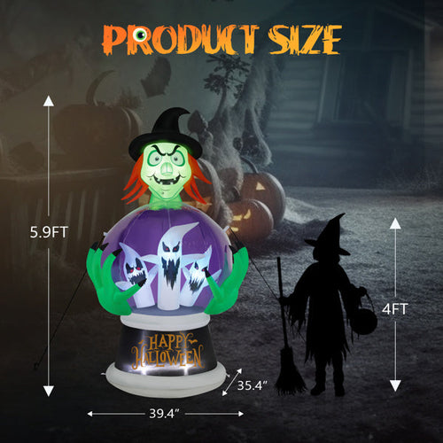 Witch Crystal Ball With 3 LED Lights And 3 RGB Lights, Halloween Inflatable Lawn Art
